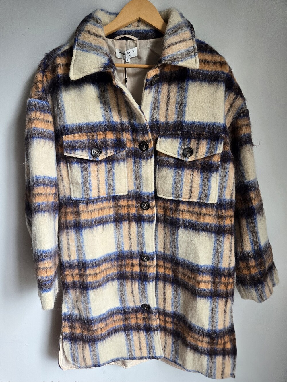 New MADISON The Label Plaid Wool-Blend Shacket - Cream, Blue & Orange